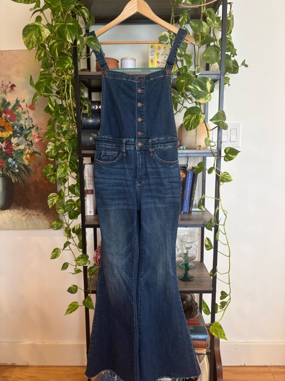 Judy Blue Flare Denim Overalls Medium Button Front Raw Hem